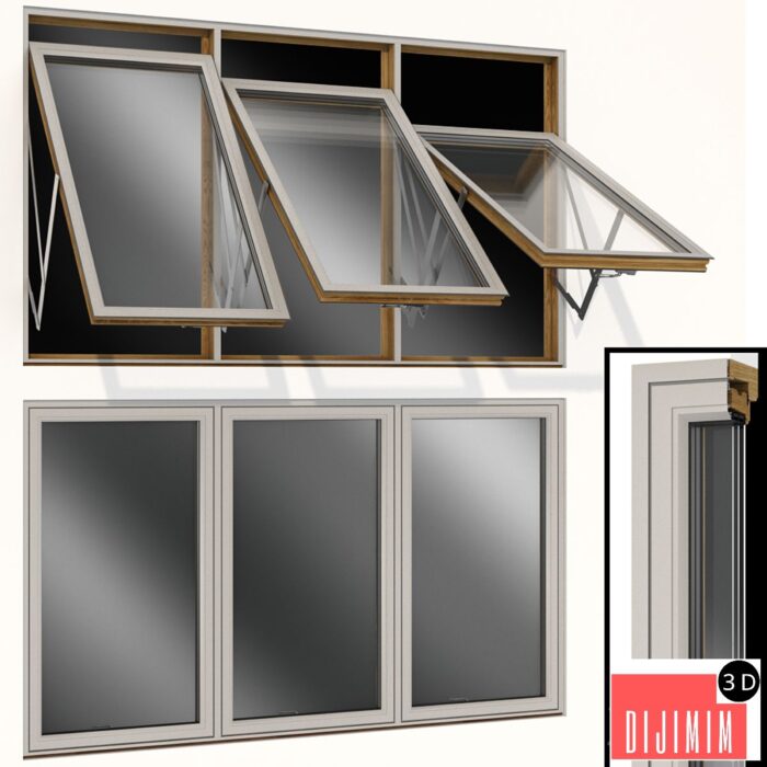 3D Top swing hinged wooden metal window - Görsel 1