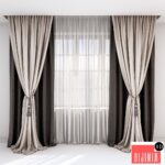 Curtains with pick-up - a brush and straight curtains in brown-beige tones.