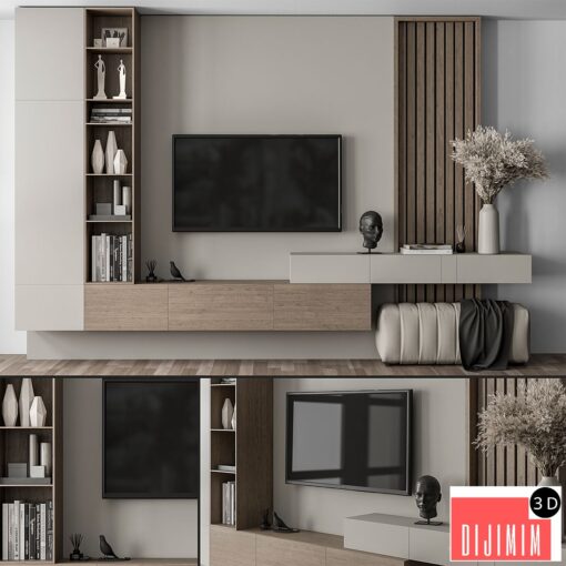 TV Wall Gray and Wood with Hallway Cabinet - Set 37