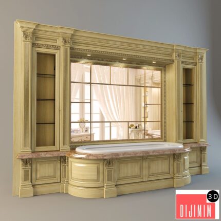 The wall with furniture and bathroom