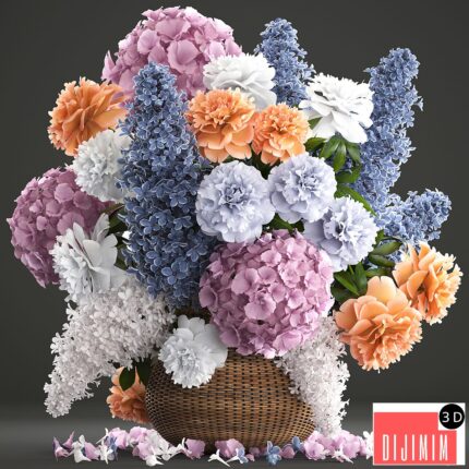 A bouquet of flowers 84. Lilac, hydrangea, basket, decor, peonies, eco design, natural decor, table decoration