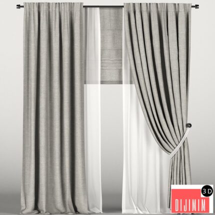 Brown curtains in the background with tulle and a Roman curtain.