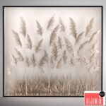 Phytomodule and a vertical garden of dried flowers in a niche behind translucent glass made of pampas grass, dry reeds, cortaderia. Bouquet