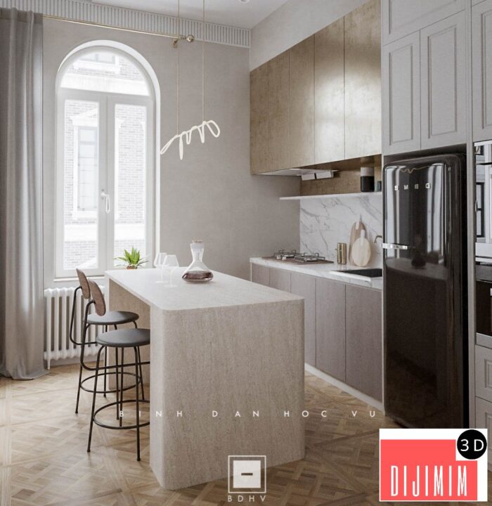 9928. Free 3D Living Room - Kitchen Interior Model Download by Le Hieu - Görsel 3