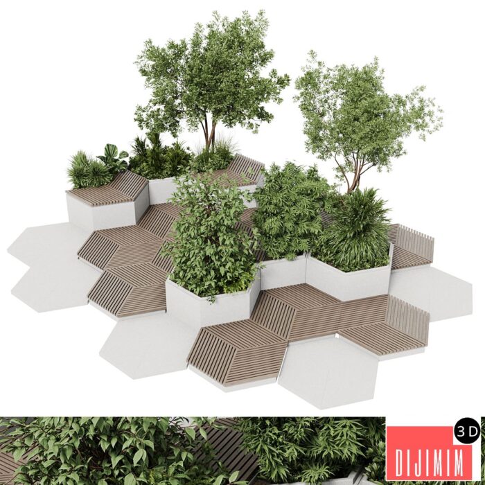 Urban Environment - Urban Furniture - Green Benches With tree 42 - Görsel 1