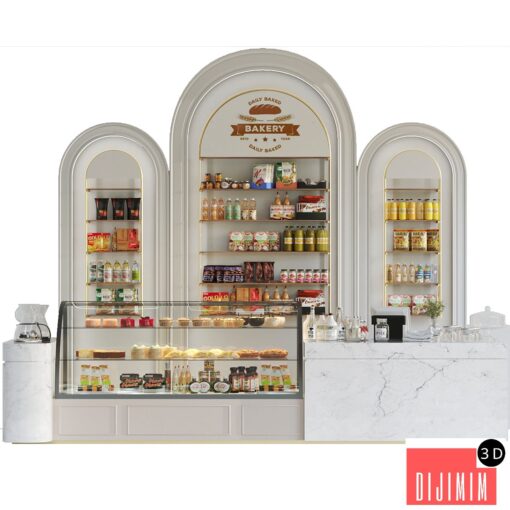 Design project of a coffee house in a classic style with a showcase with desserts and sweets