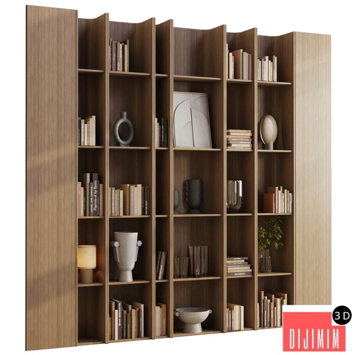 wooden Shelves Decorative With Plants and Book - Wooden Rack 08 - Görsel 1