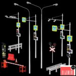 Road elements. Fences, traffic lights, cameras, parking meters.