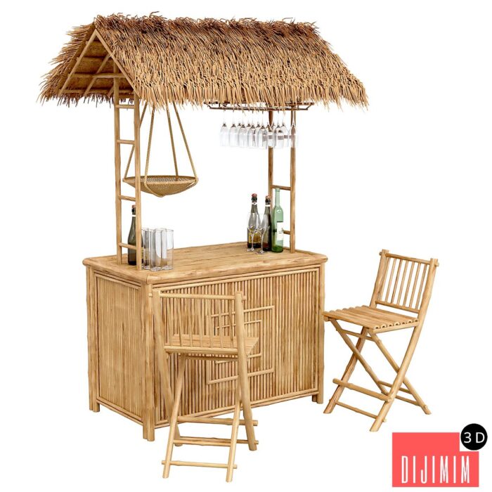 Beach Bamboo Bar with bottles and glasses - Görsel 1