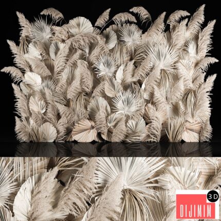 Vertical garden of dried flowers, pampas grass, dry palm branches, Cortaderia Bouquet and dry reeds. 283.