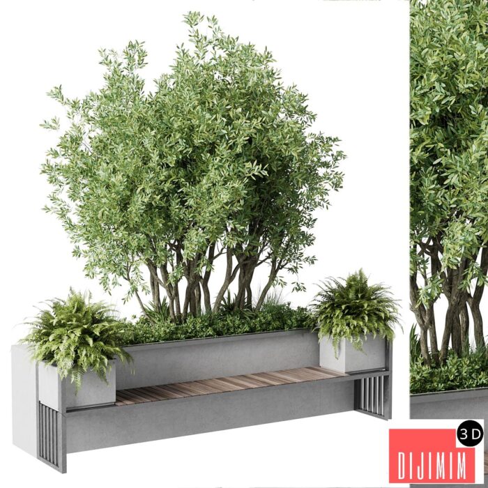 Urban Environment - Urban Furniture - Green Benches With tree 41 - Görsel 1