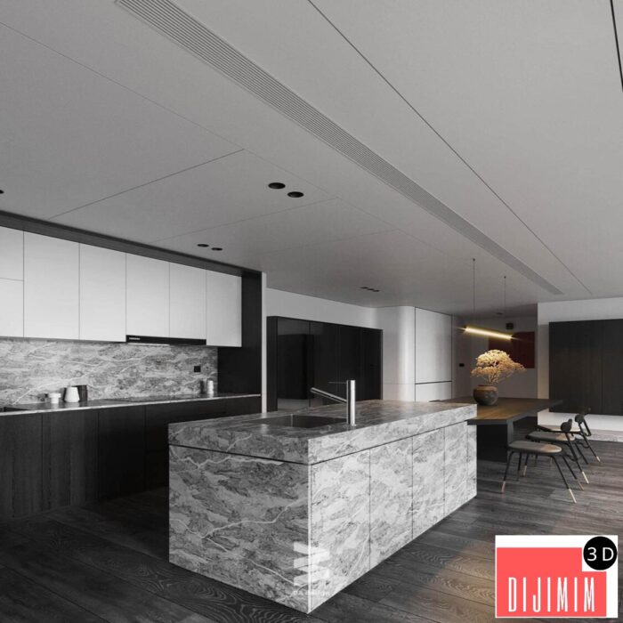 12723. 3D Living Room- Kitchen Interior Model By Tu Dinh Huong - Görsel 1