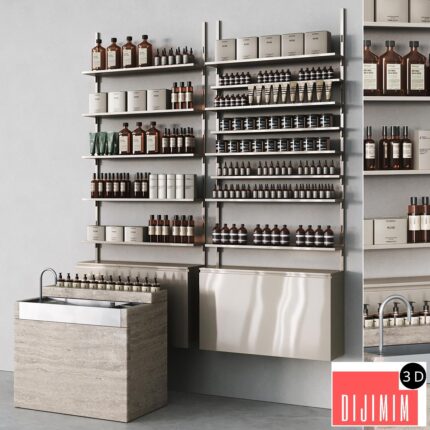 Cosmetic set with metal shelving and washbasin