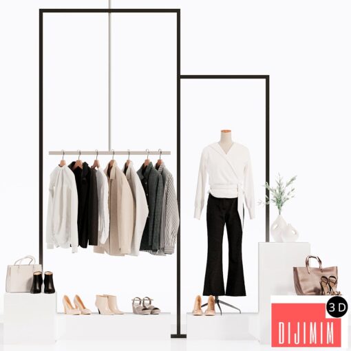 Clothes store showcase, mannequin, hanger, clothes, wardrobe