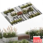 Flower bed with feather grass bushes, Miscanthus, Cortaderia and white pampas grass, bench and bench paving slabs. 1147.