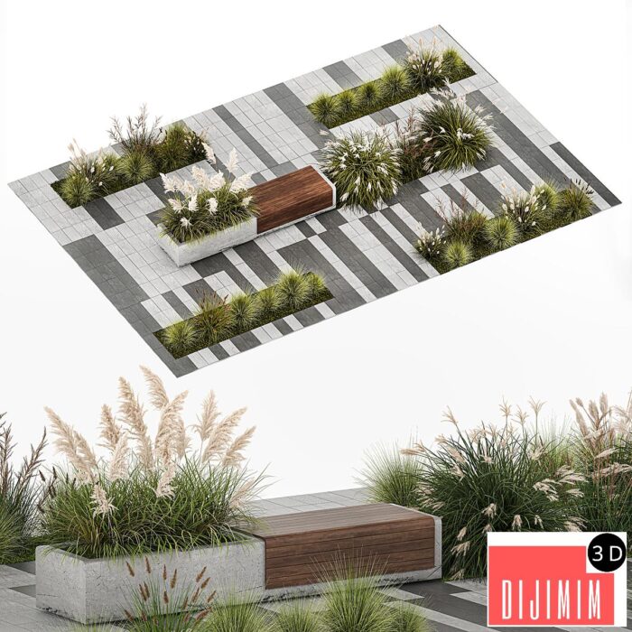 Flower bed with feather grass bushes, Miscanthus, Cortaderia and white pampas grass, bench and bench paving slabs. 1147. - Görsel 1