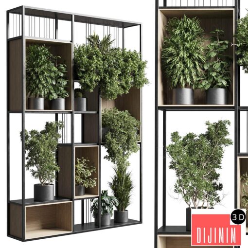 Standing metal shelf with a set 384 of plants in metal boxes corona