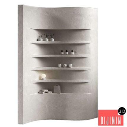 Wavy shelves 3. Rack shelving with decor. Corner wall partitions with niche.