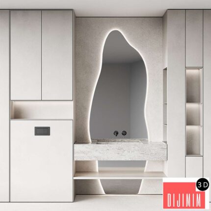 Bathroom furniture set 8. Monochrome grey. Curved mirror shape. Stone sink. Wall-mounted faucet.