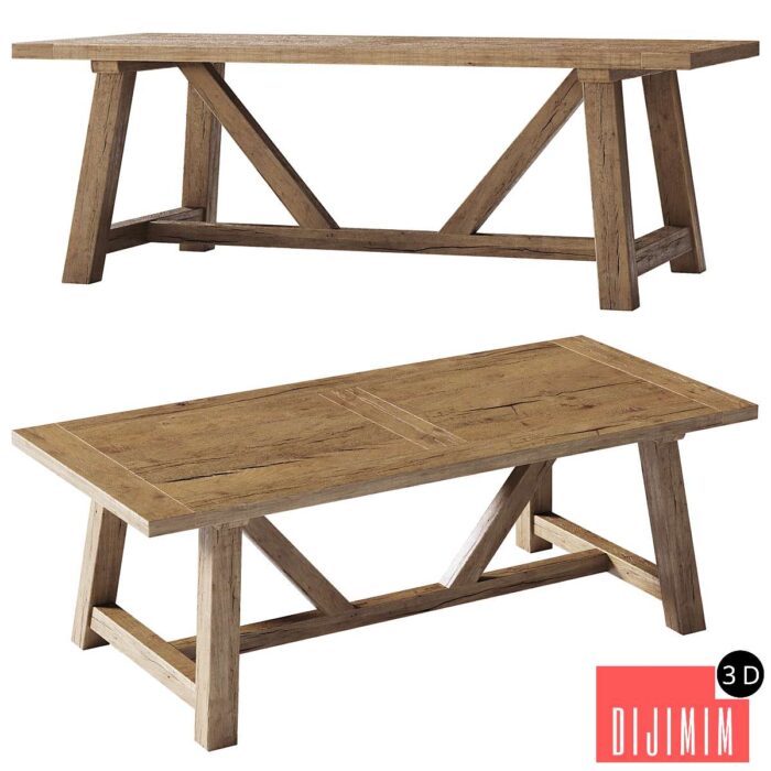 Reclaimed Russian Oak Trestle Rectangular Dining Table - Görsel 1