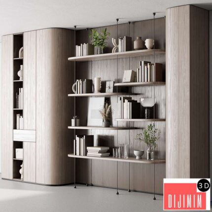 Cabinet Furniture - Wooden Shelves Decorative With Plants and Book 06