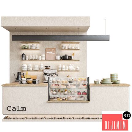 Designer coffee shop with stones and a display case with desserts