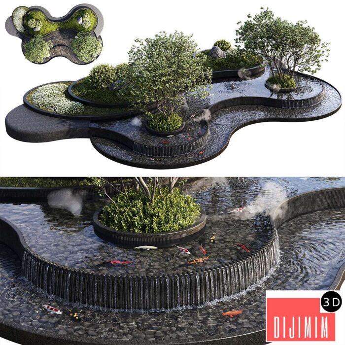 Landscaping Figure with Plants Waterfalls and Fish 1 - Görsel 1