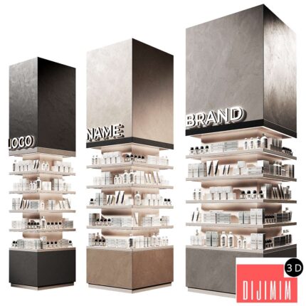 Columns of racks with trade products. Square showcase with cosmetics. Island of Pharmaceutical Products.
