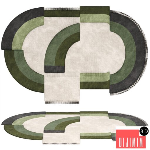 Carpet Contemporary Oval Rug with Geometric Pattern in Green Hues and Beige in Wool