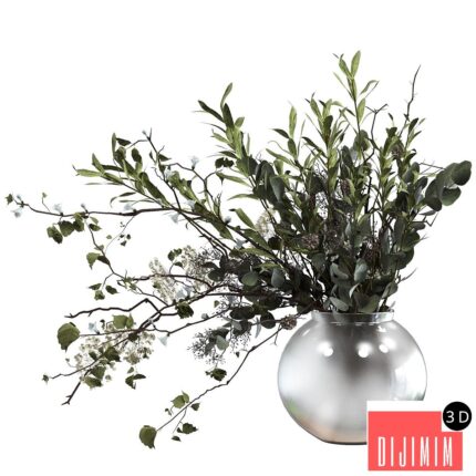 Bouquet of branches with foliage, sprigs of eucalyptus, olive and flowers