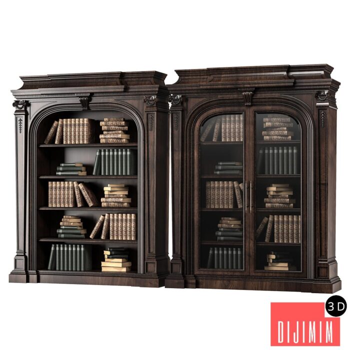 blk wood classical bookcase art 001 - Görsel 1
