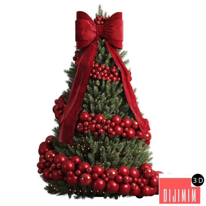 New Year tree with red bow - Görsel 1