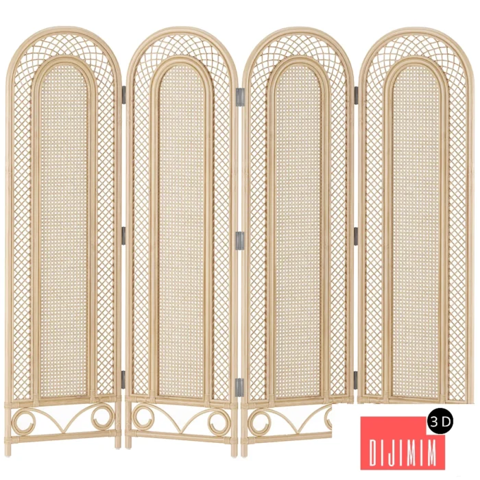 bamboo wicker arched 4 panel room divier screen - Görsel 1
