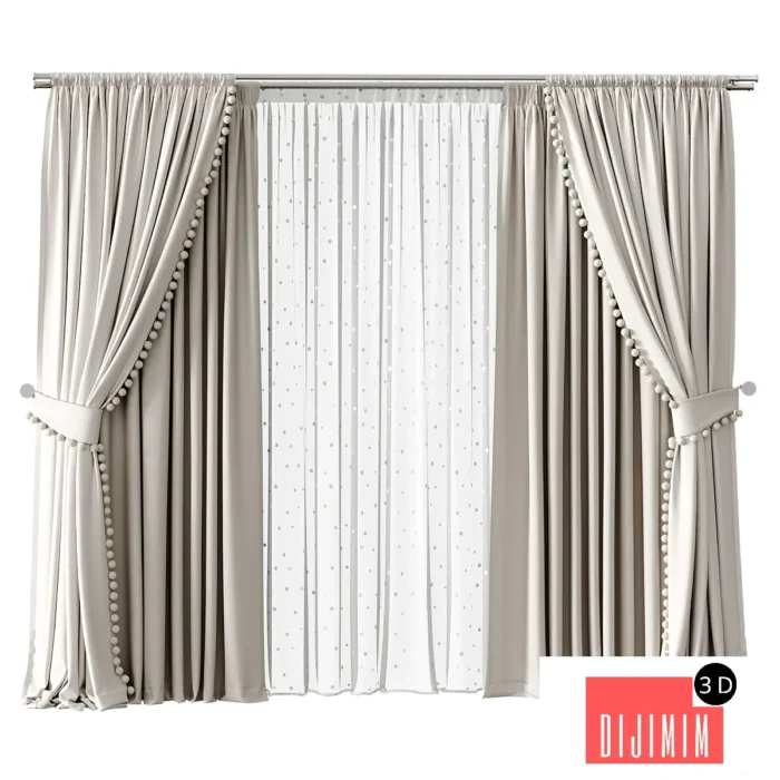 Curtains for children's room with pompoms - Görsel 1