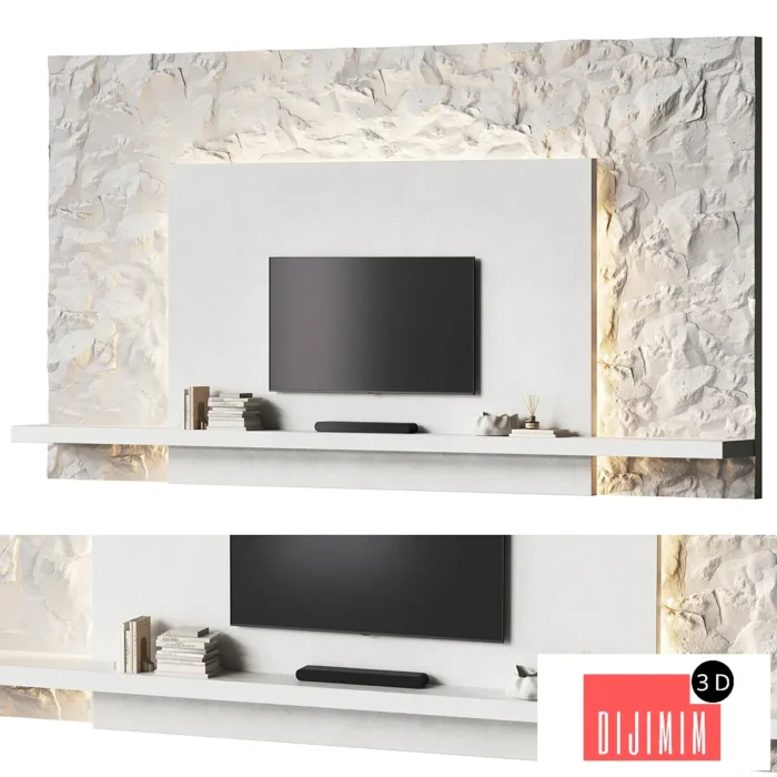 Minimalistic TV wall with a stone surface - Görsel 1