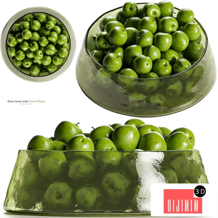 Low Glass Bowl Centerpiece with Green Plums - Görsel 1