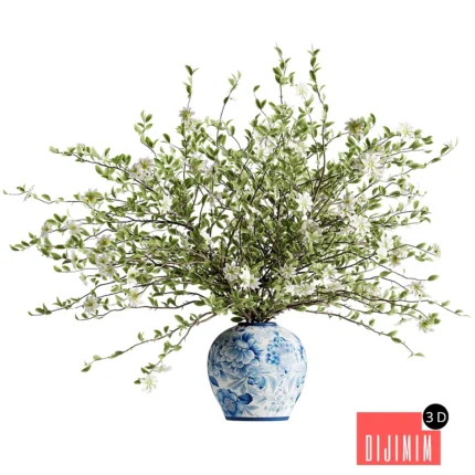 A bouquet of tree branches inserted into a celadon ceramic pot
