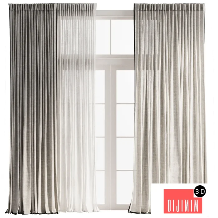Pinch Pleat Linen Curtain with Tulle 2 - Görsel 1