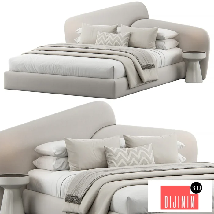 Rounded Upholstered Headboard Bed - Görsel 1
